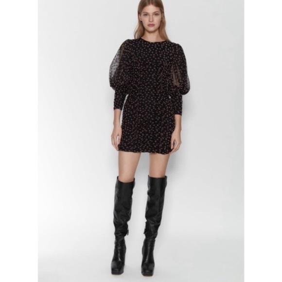 Zara Womens Puff Sheer Sleeve Textured Floral Dress Black/Pink XS - Picture 2 of 9